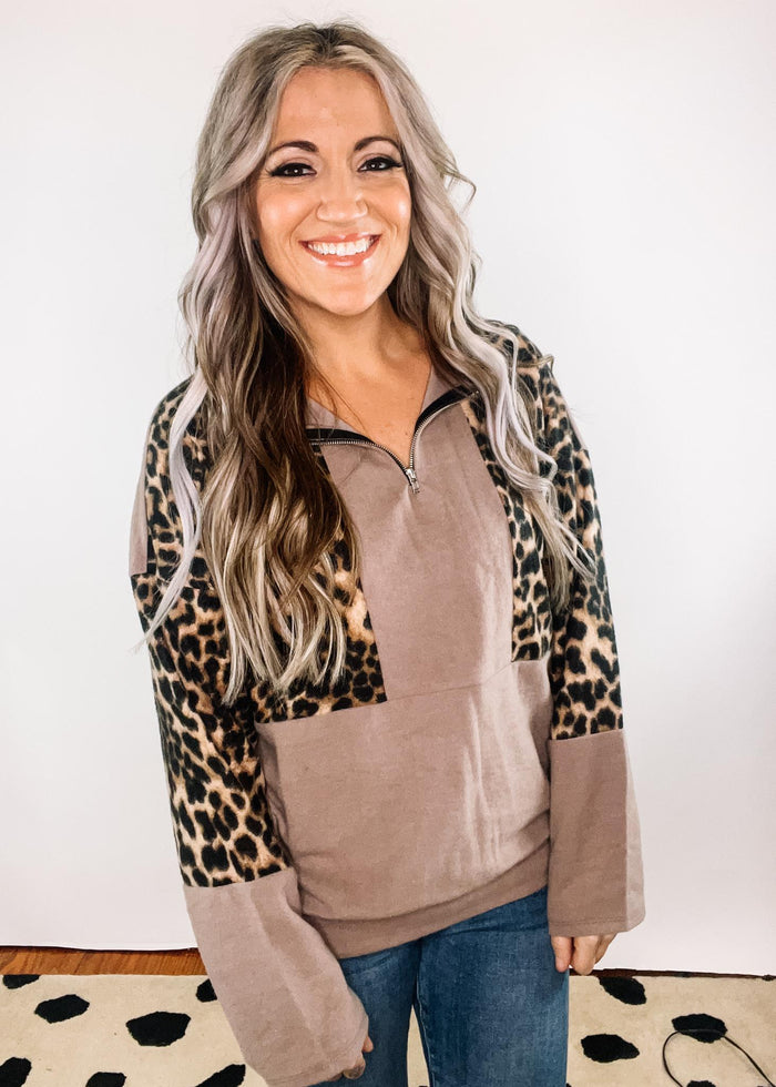 Mocha Brushed Terry Leopard Block Zip Up