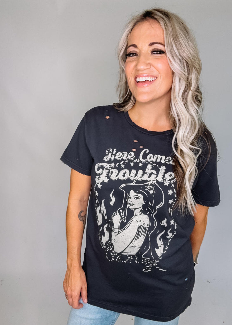 Here Comes Trouble Distressed Tee