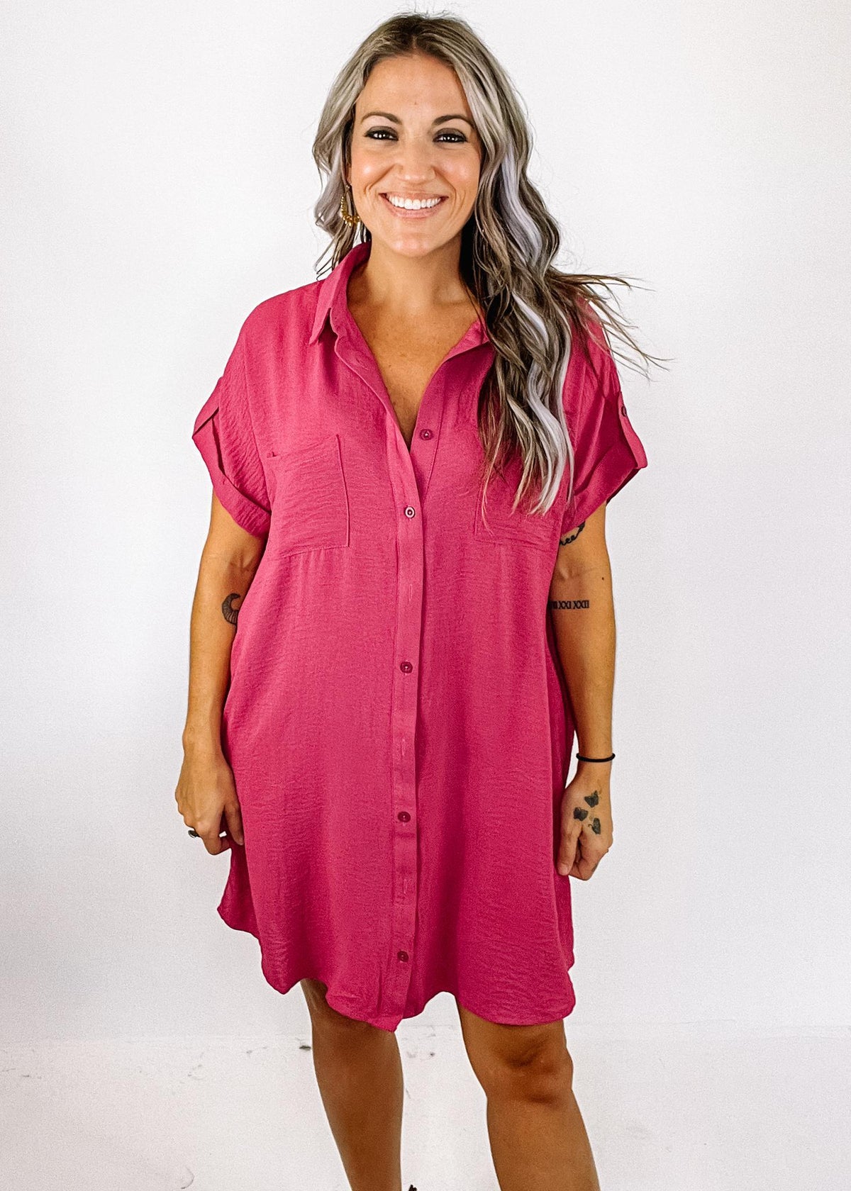 Mauve Drop Shoulder Button Up Dress