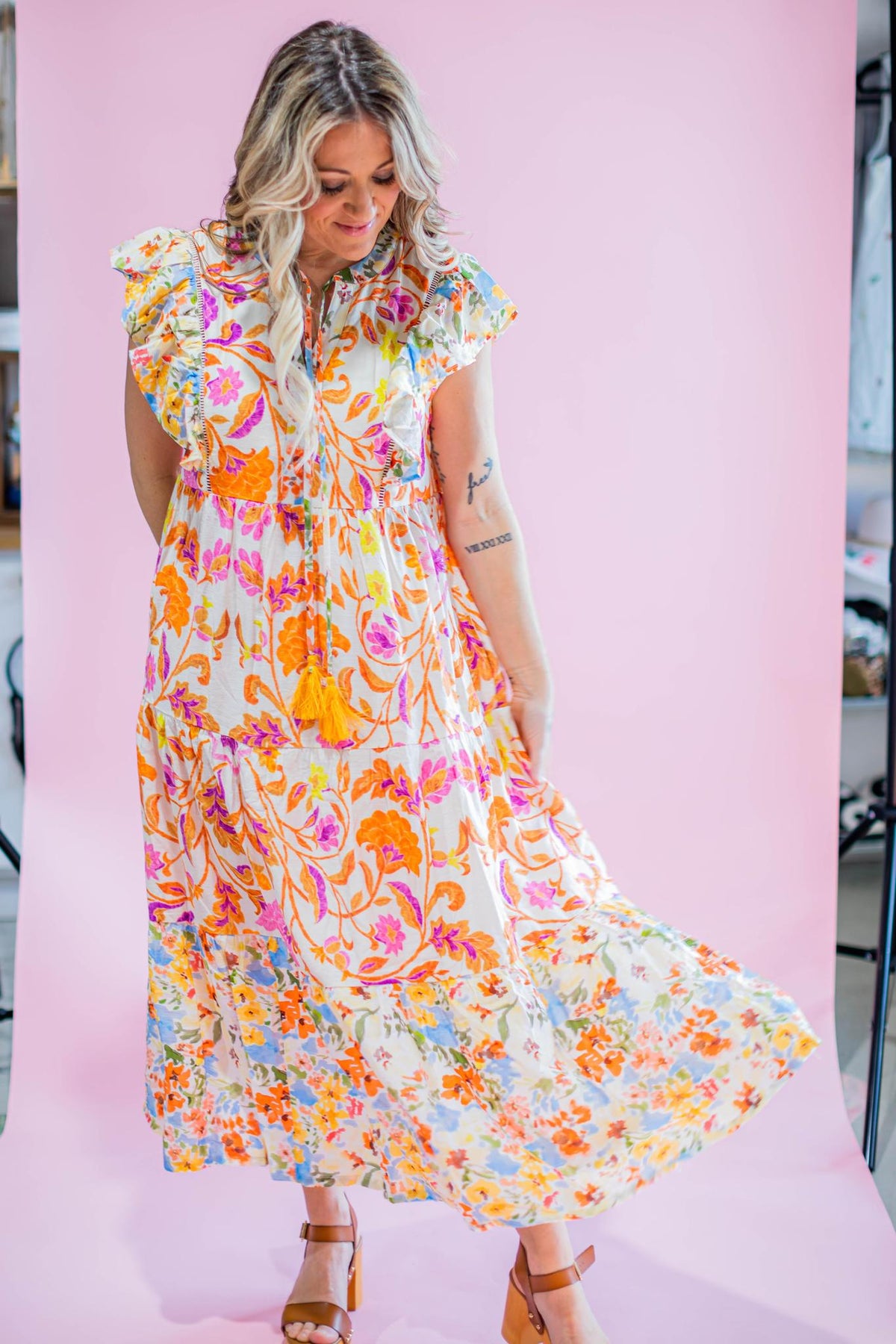 Orange and Pink Printed Midi Dress