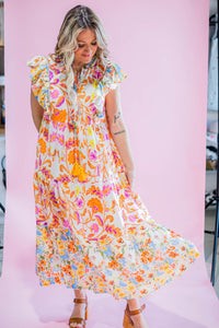 Orange and Pink Printed Midi Dress