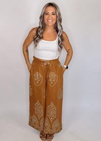 Caramel Embroidered Wide Leg Pants