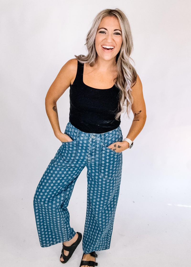 Floral Printed Denim Pants