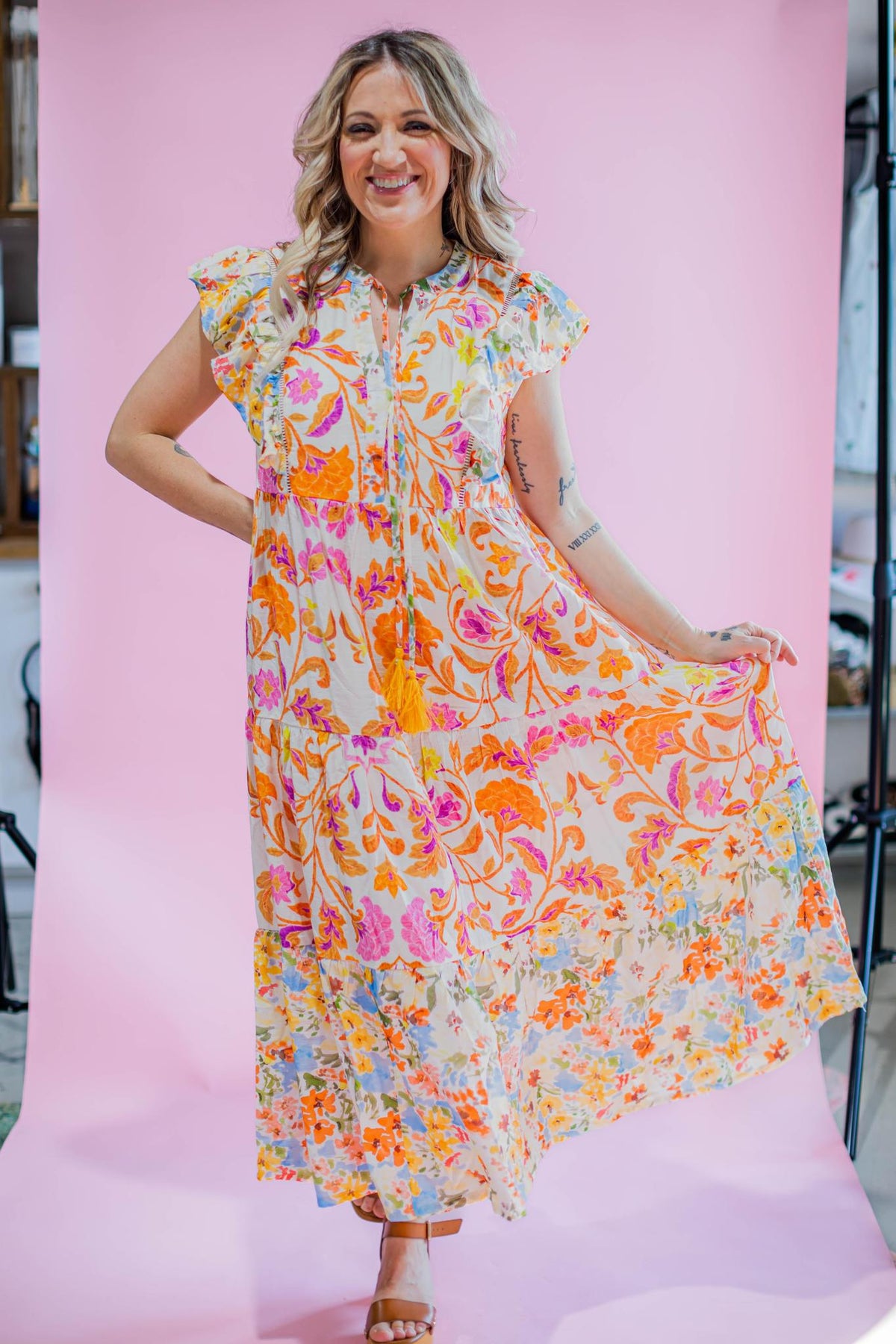 Orange and Pink Printed Midi Dress