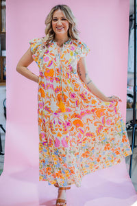 Orange and Pink Printed Midi Dress