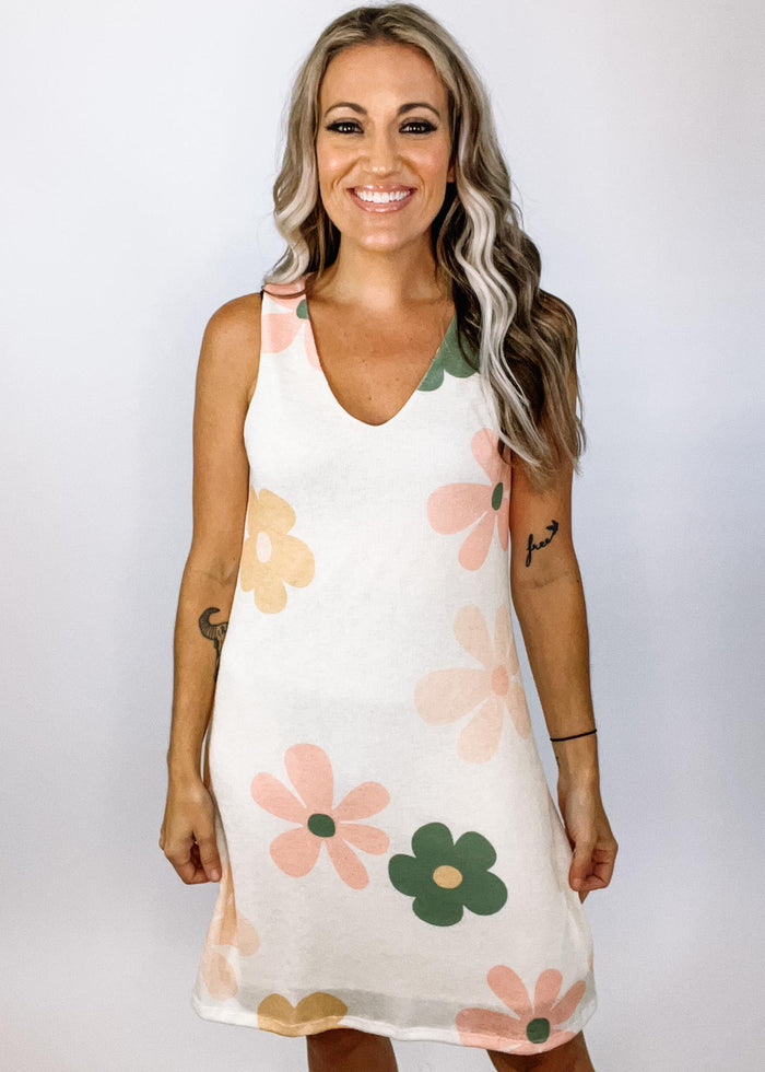 Cream and Floral Sleeveless Knit Dress