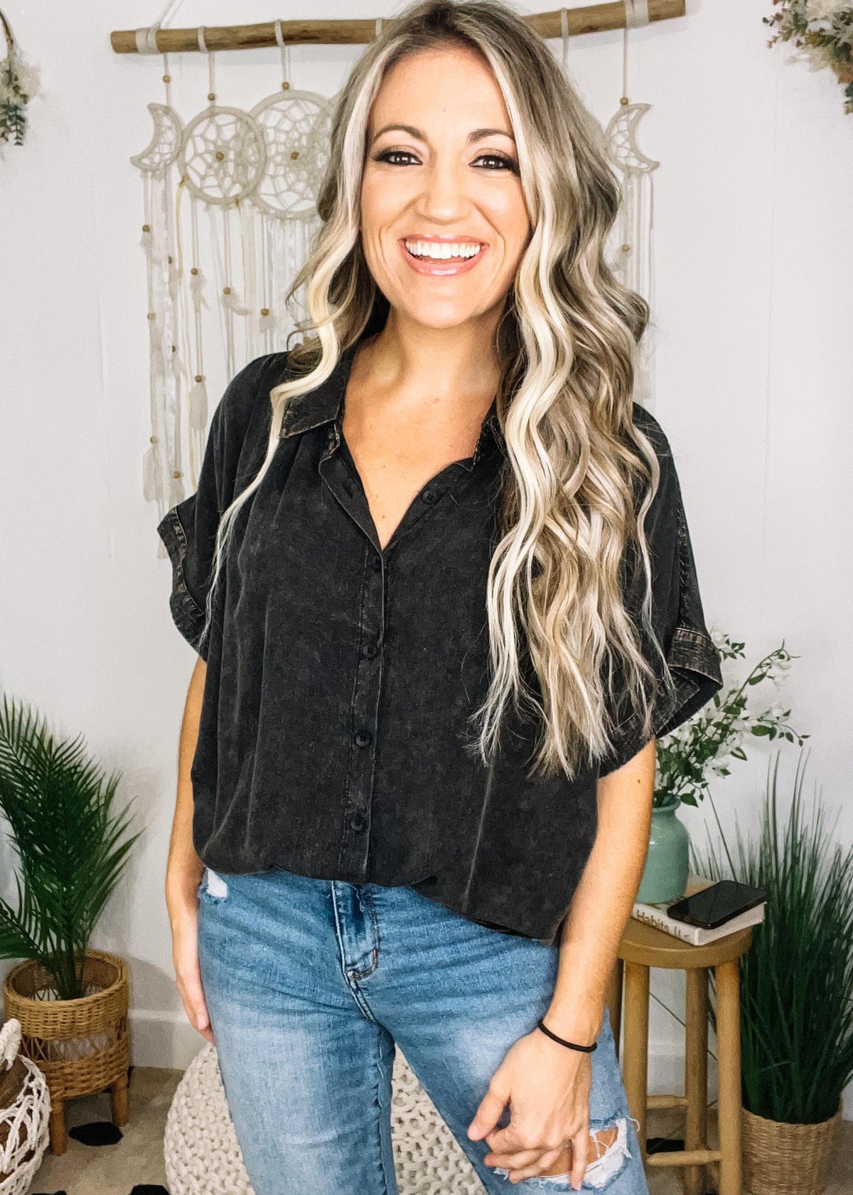 Mineral Wash Button Down Blouse