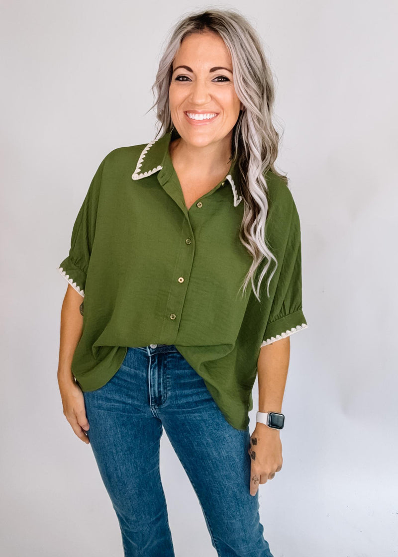Olive Embroidered Trim Poncho Top