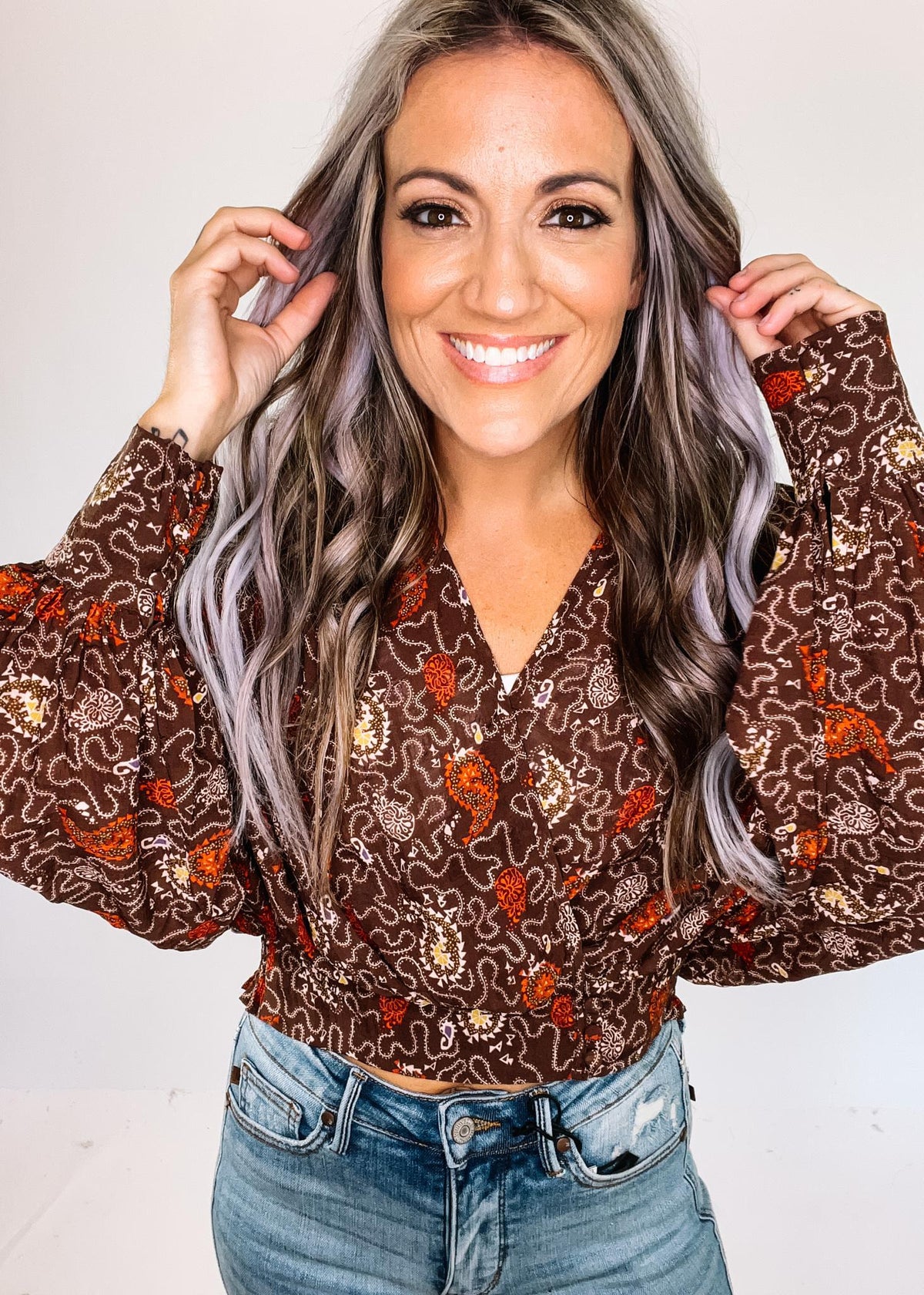 Brown Printed Faux Wrap Crop Blouse