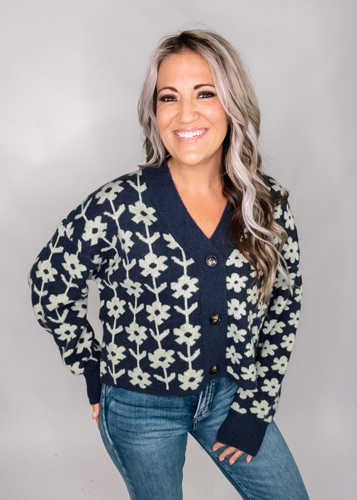 Navy Floral  Knit Cardigan