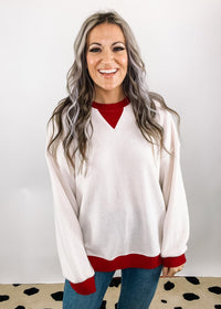 Ivory Red Trim Knit Top