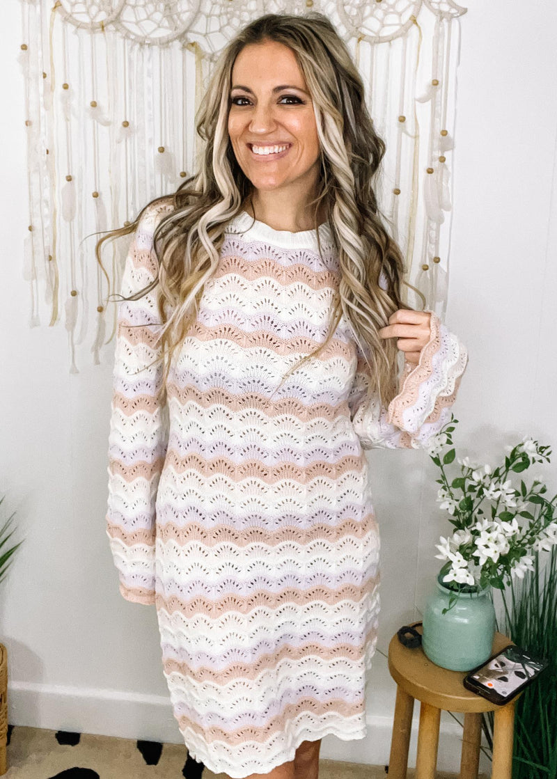 Scallop Knit Bell Sleeve Sweater Dress