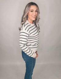 Cream Pocket Sweater with Green Stripes