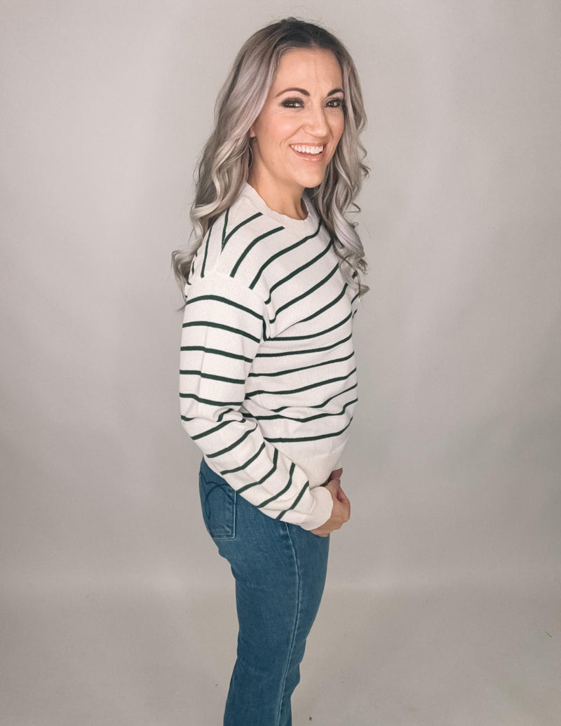 Cream Pocket Sweater with Green Stripes