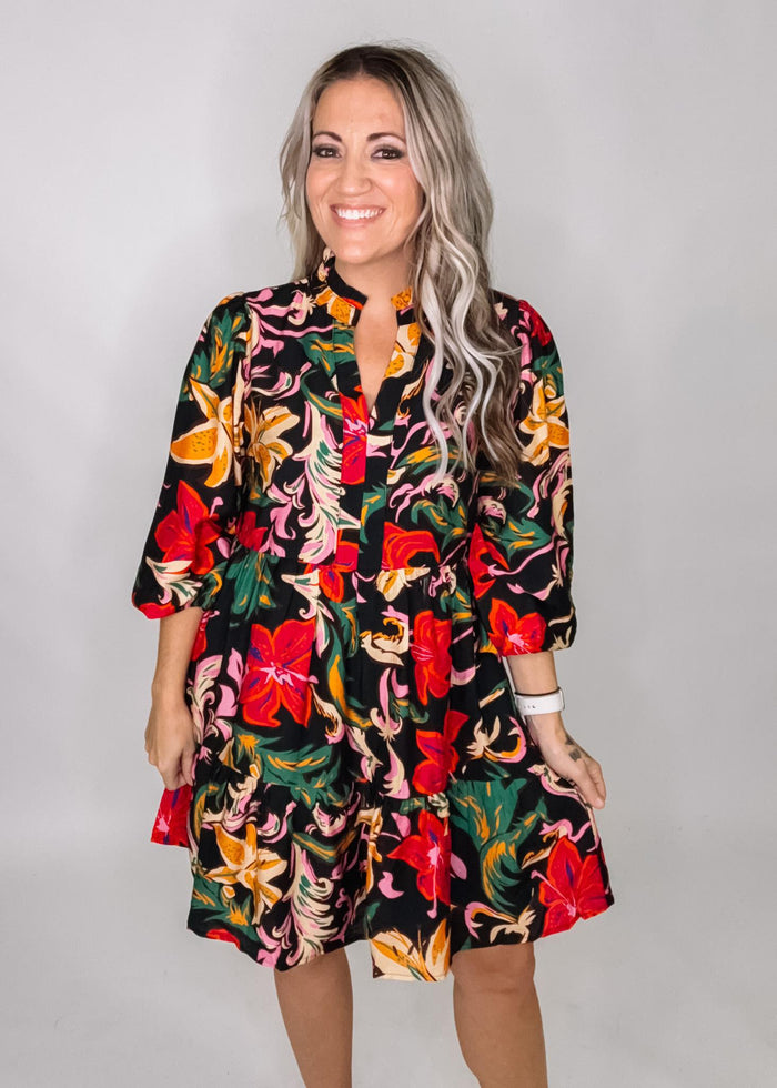 Colorful Printed Black Babydoll Dress