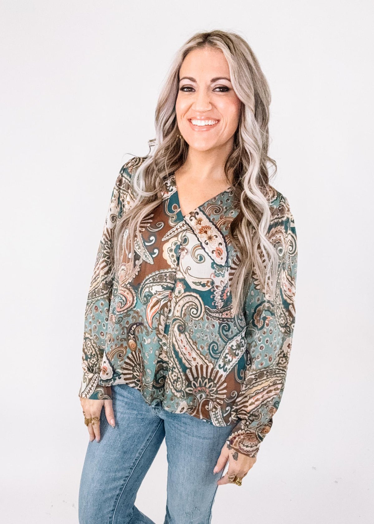 Teal Paisley Print Long Sleeve Top