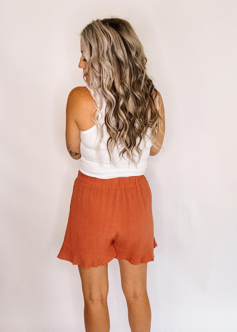 Rust Ruffle Shorts with Pocket