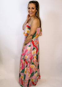 Colorful Pink Floral Strapless Maxi Dress