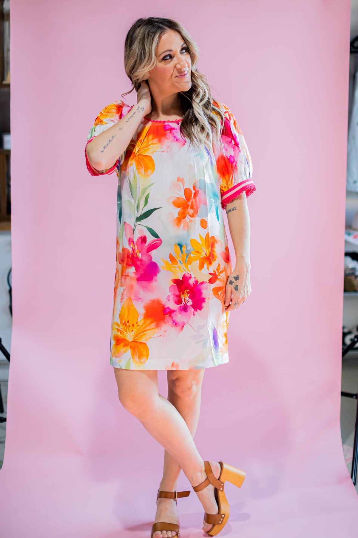 Pink Printed Puff Sleeve Dress