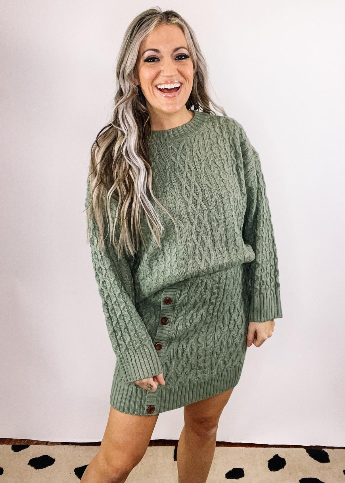 Cable Knit Sweater and Side Button Mini Skirt Set