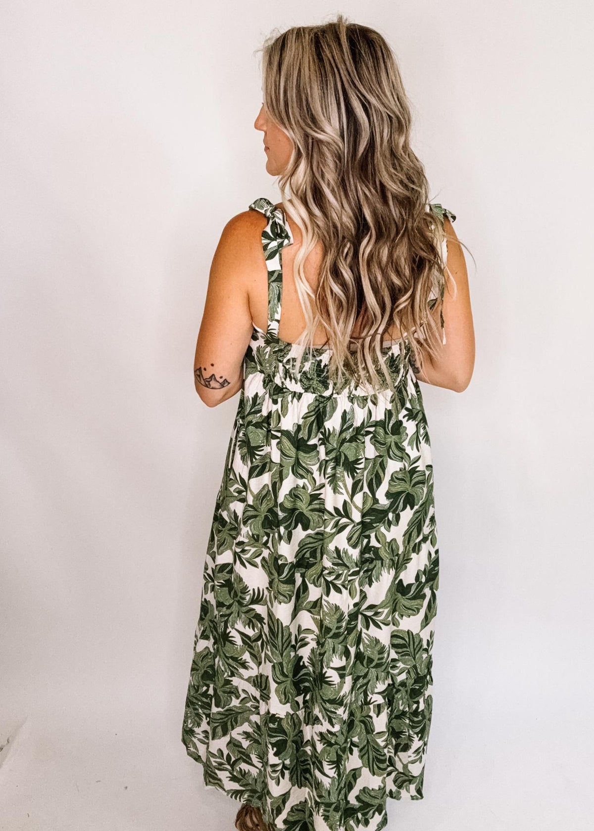 Green Leaf Print Linen Midi Dress