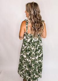 Green Leaf Print Linen Midi Dress