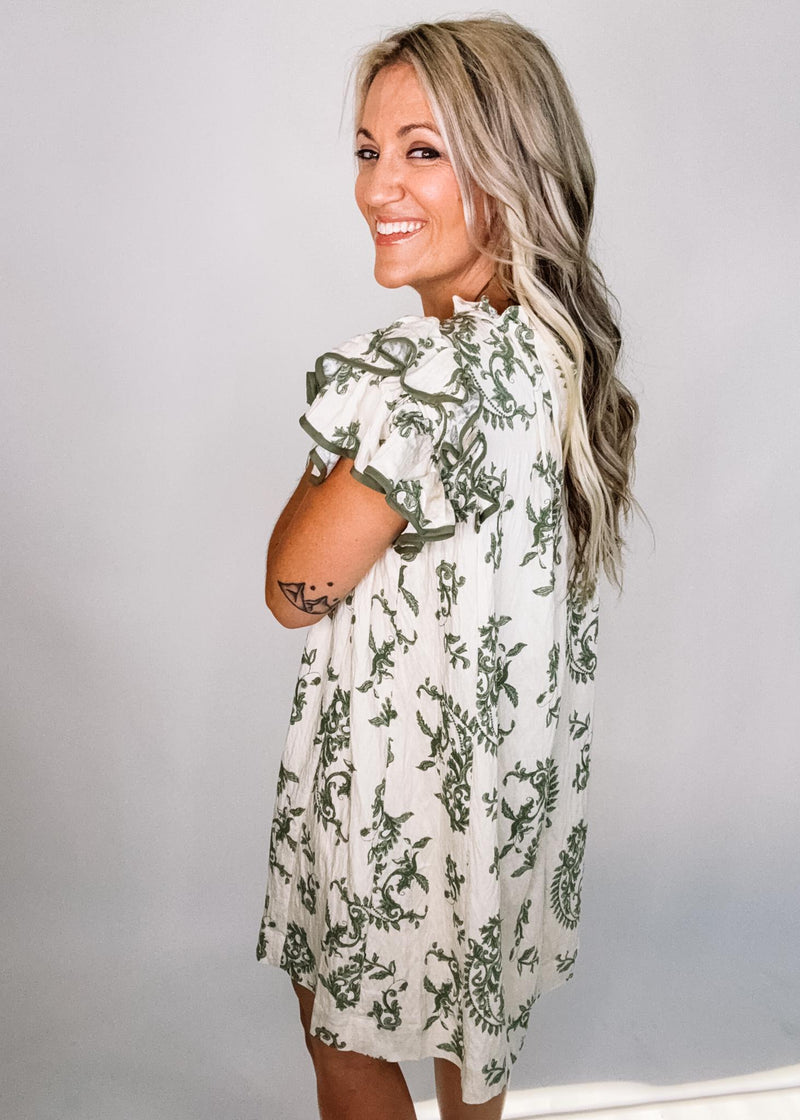 Green and Linen Paisley High Neck Dress