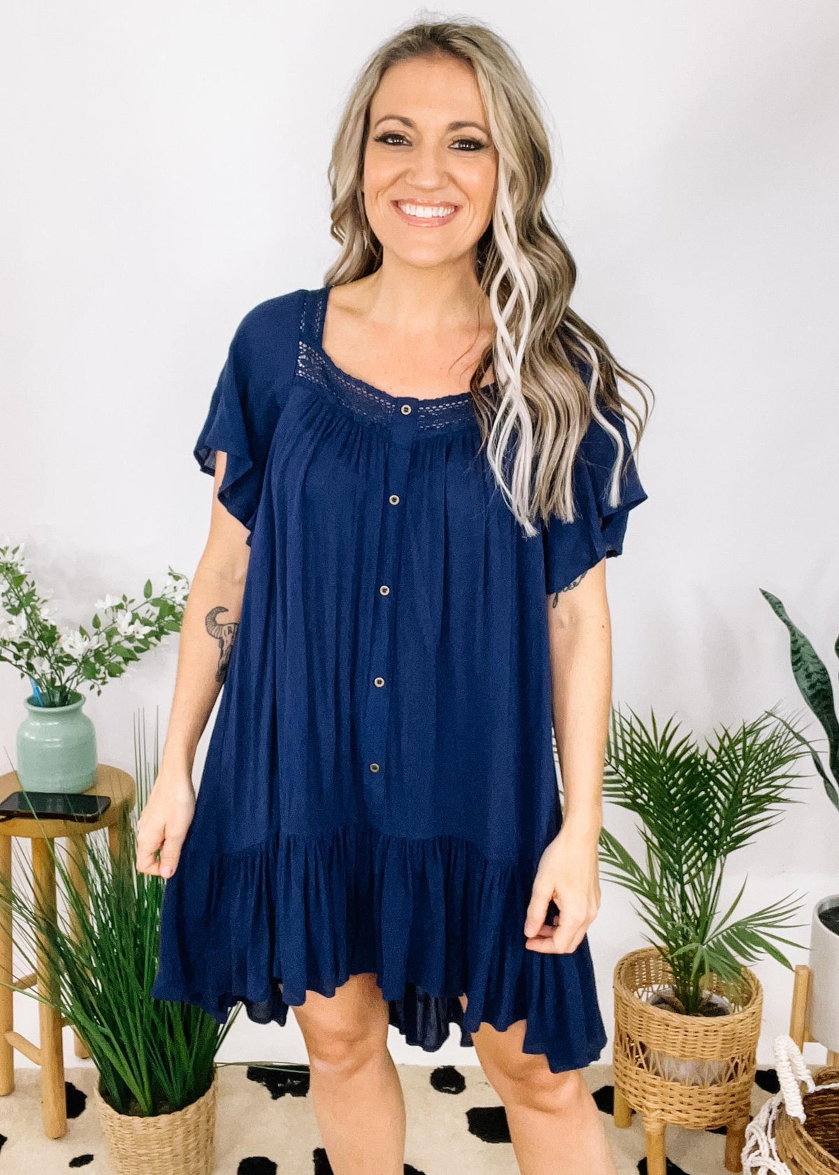 Flowy Dress with Lace and Button Details The Teal Eagle Boutique Flowy Dress with Lace and Button Details The Teal Eagle Boutique