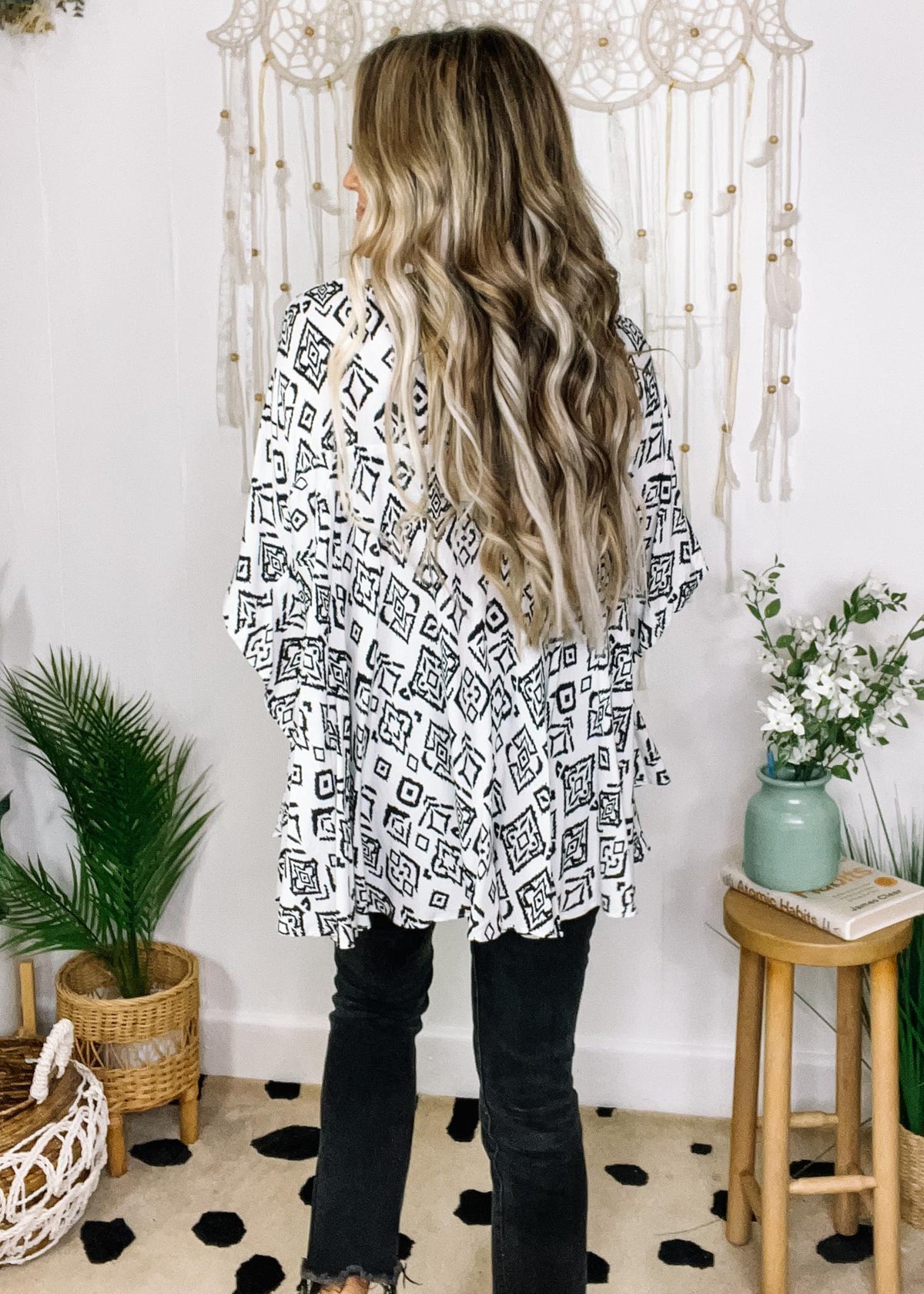 Black and White Aztec Poncho with Embroidered Detail