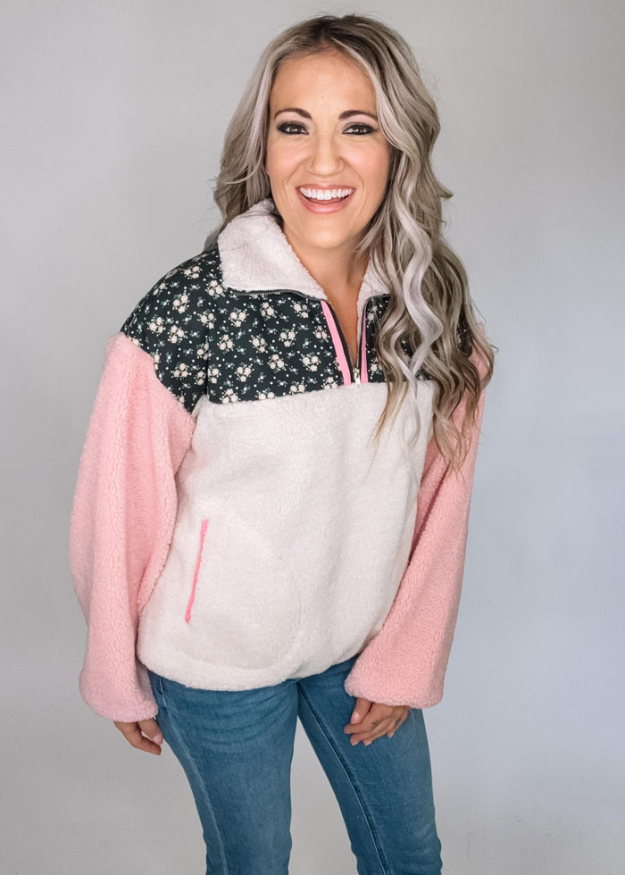 Ivory Floral and Pink Pullover