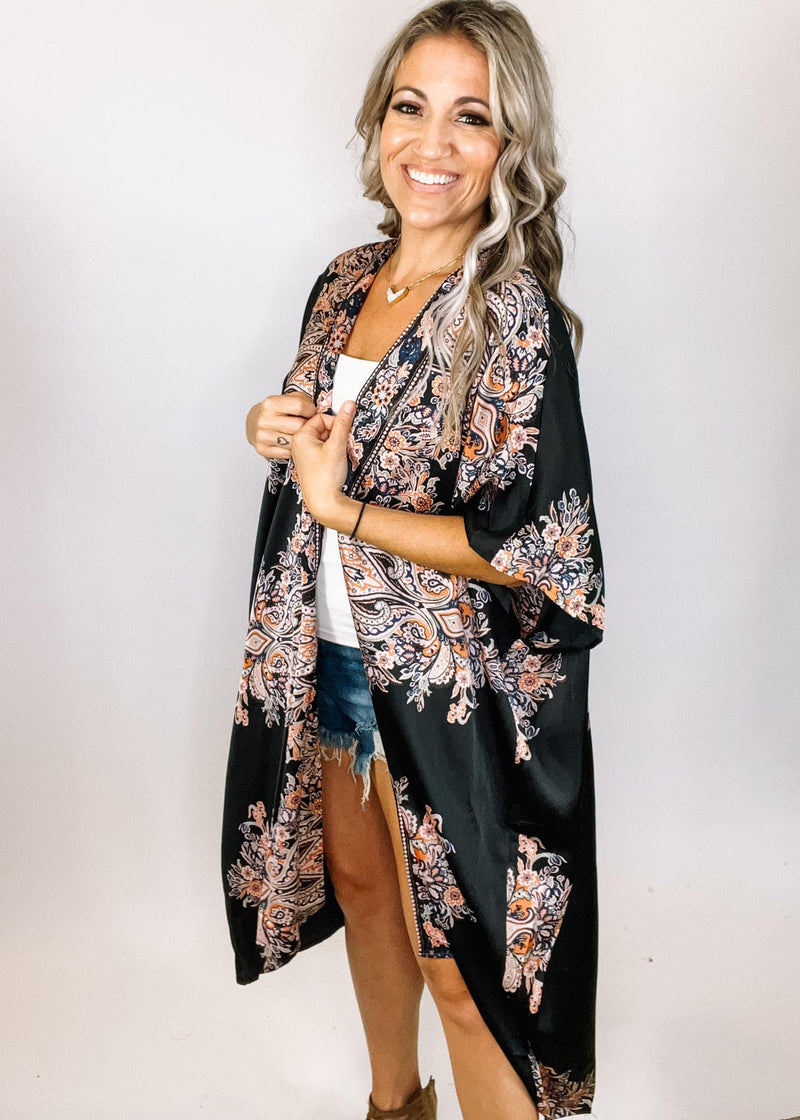 Satin Printed Trim Kimono