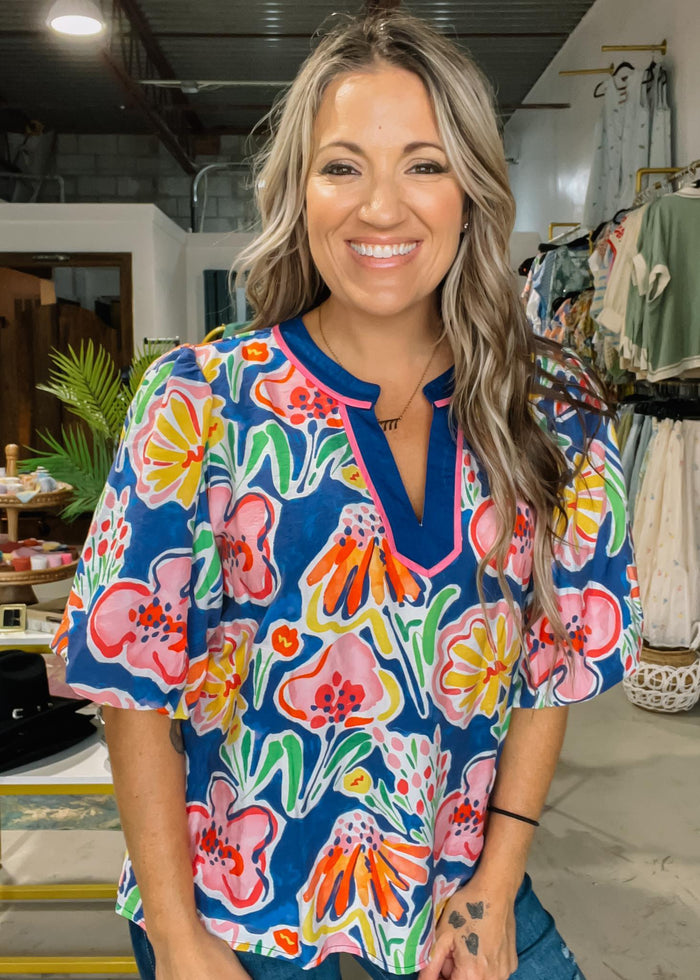 Artsy Floral Notch Neck Top