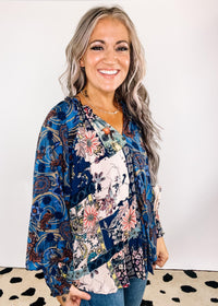 Midnight Mixed Print Front Button Long Sleeve Blouse