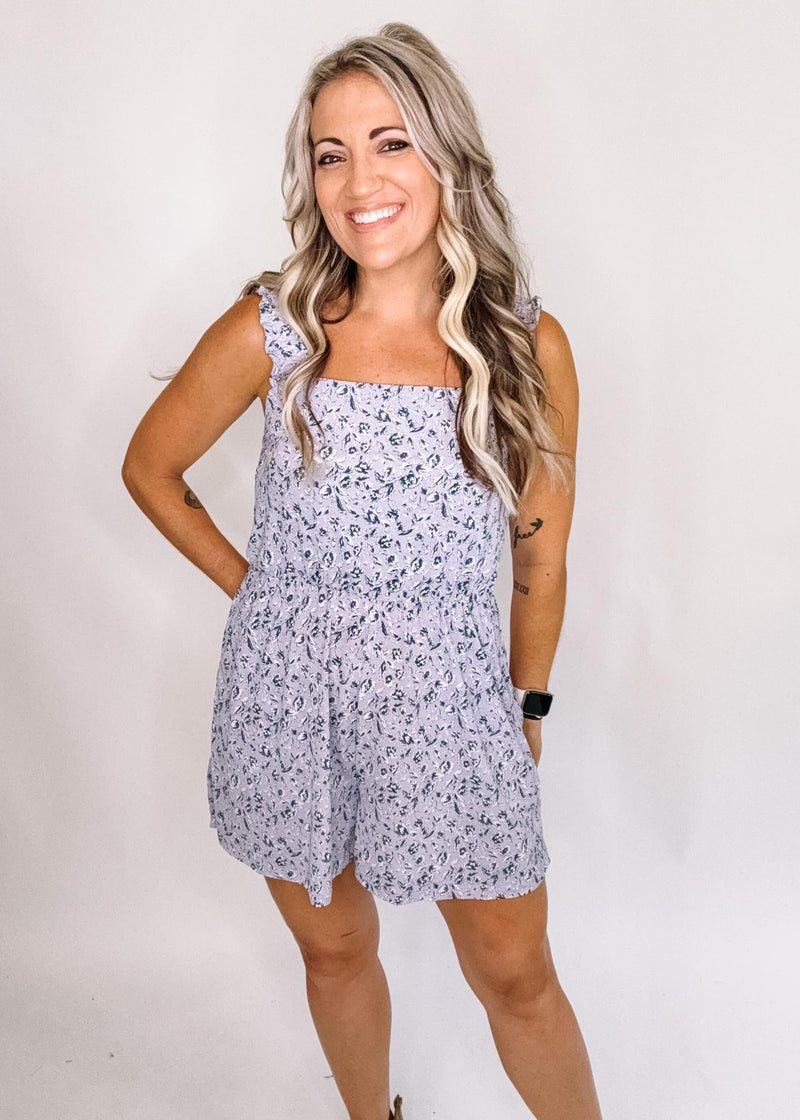 Lavender and Navy Ditsy Floral Romper