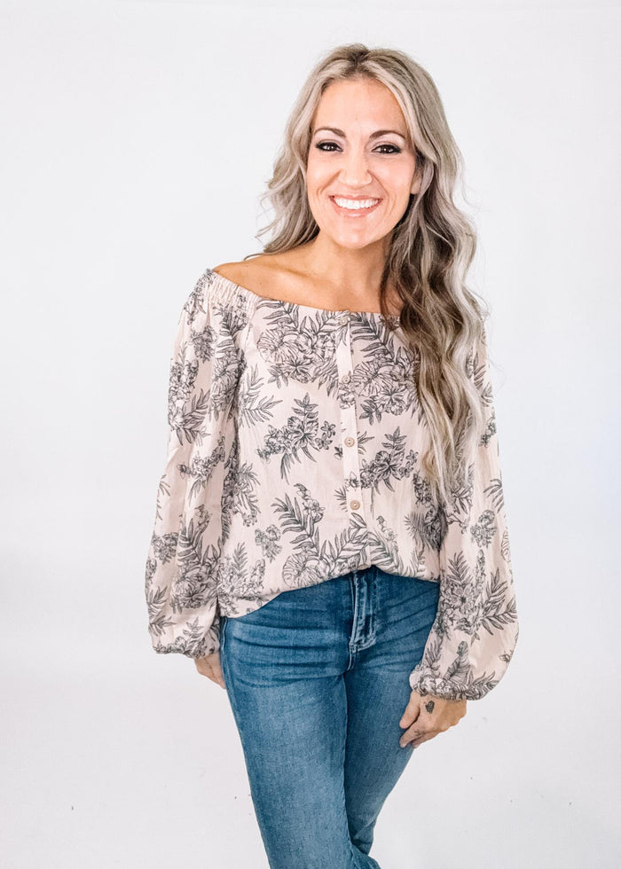 Taupe Floral Button Down Top