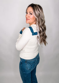 Denim Contrasting Ivory Cardigan Sweater Top
