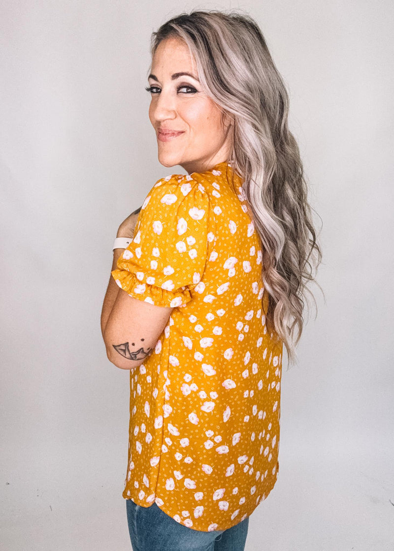 Mustard Floral Blouse with Front Pleat