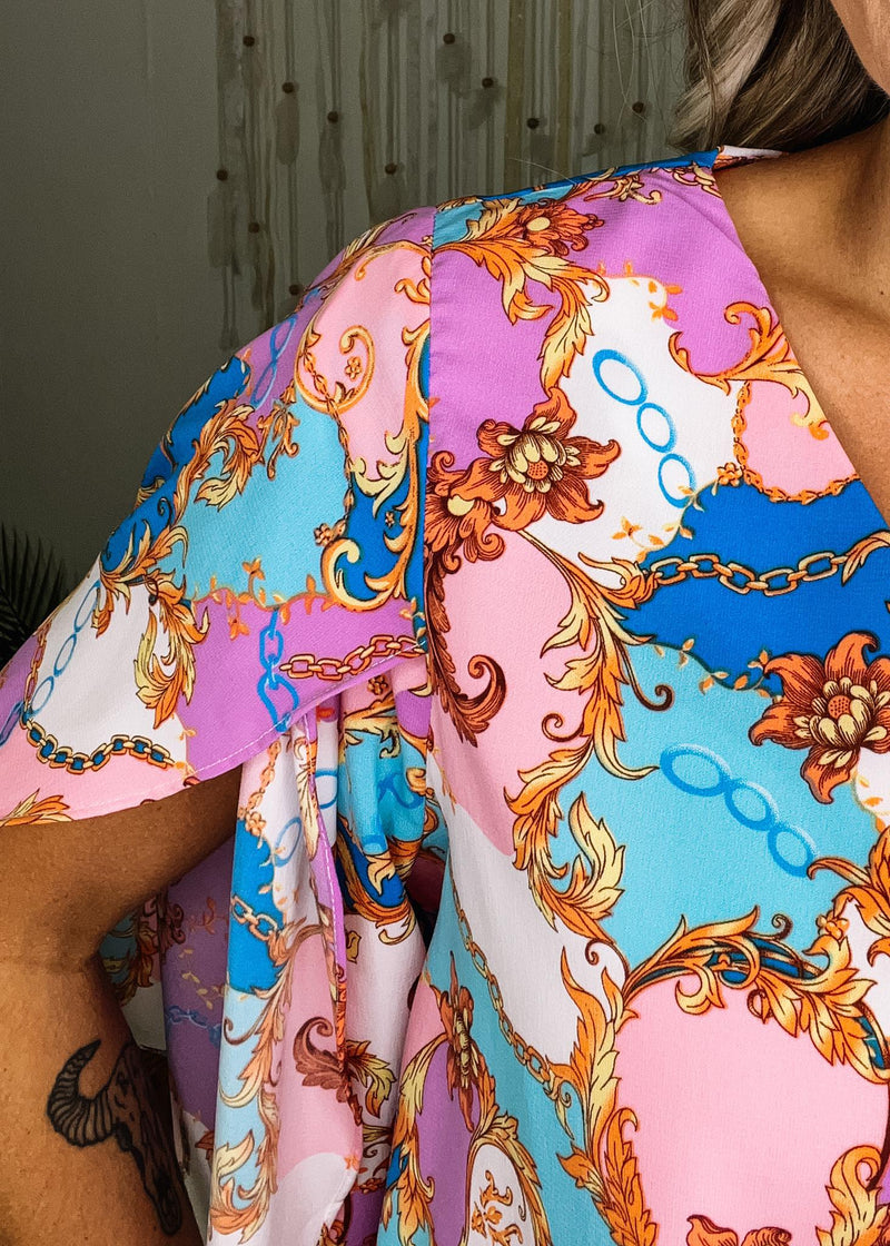 Ornate Print Blouse with Butterfly Sleeves