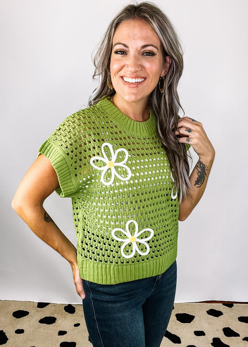 Green Knit Sweater with White Floral Embroidery