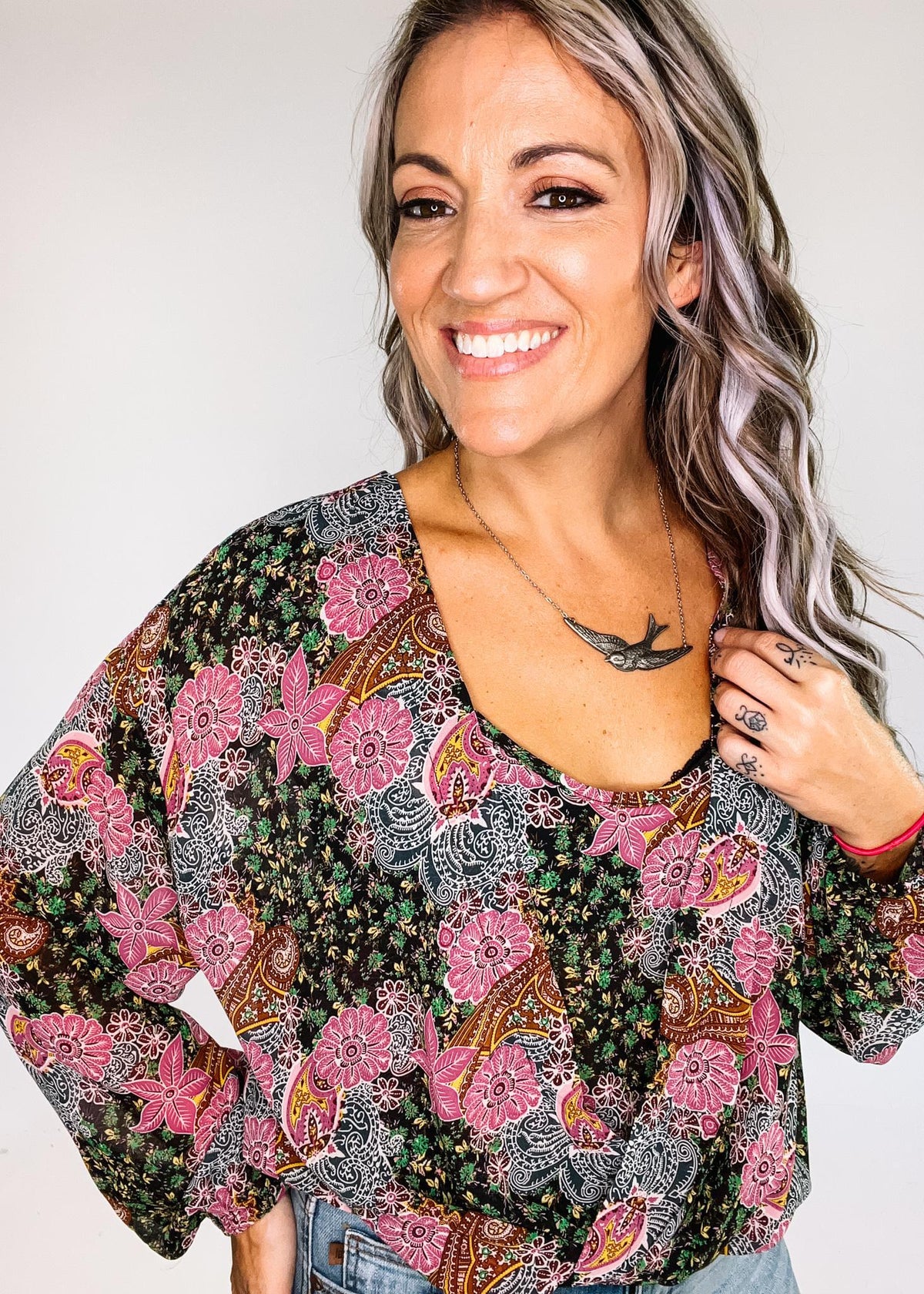 Black Orchid Print Scoop Blouse