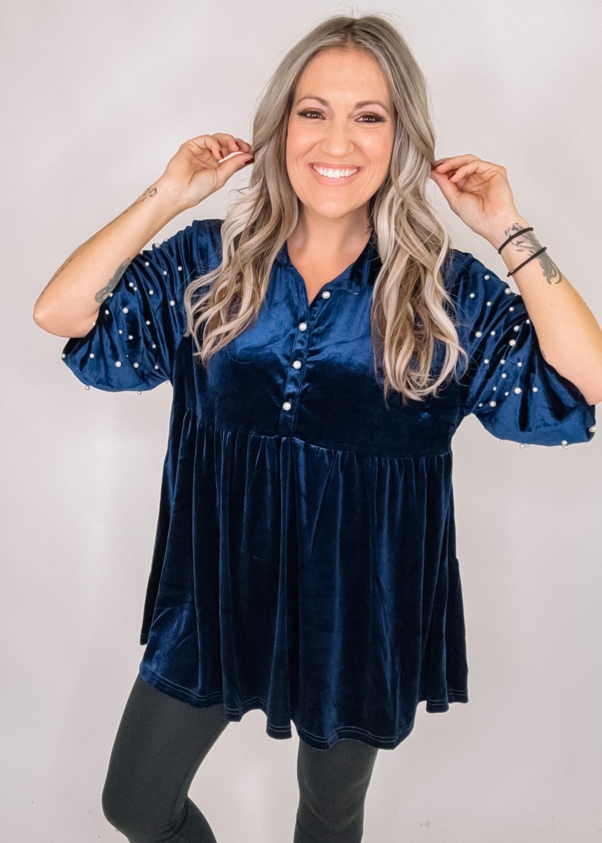 Navy Velvet Pearl Sleeve Tunic