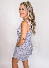 Lavender and Navy Ditsy Floral Romper