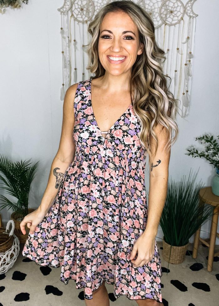Pink and Lilac Floral Printed Dress