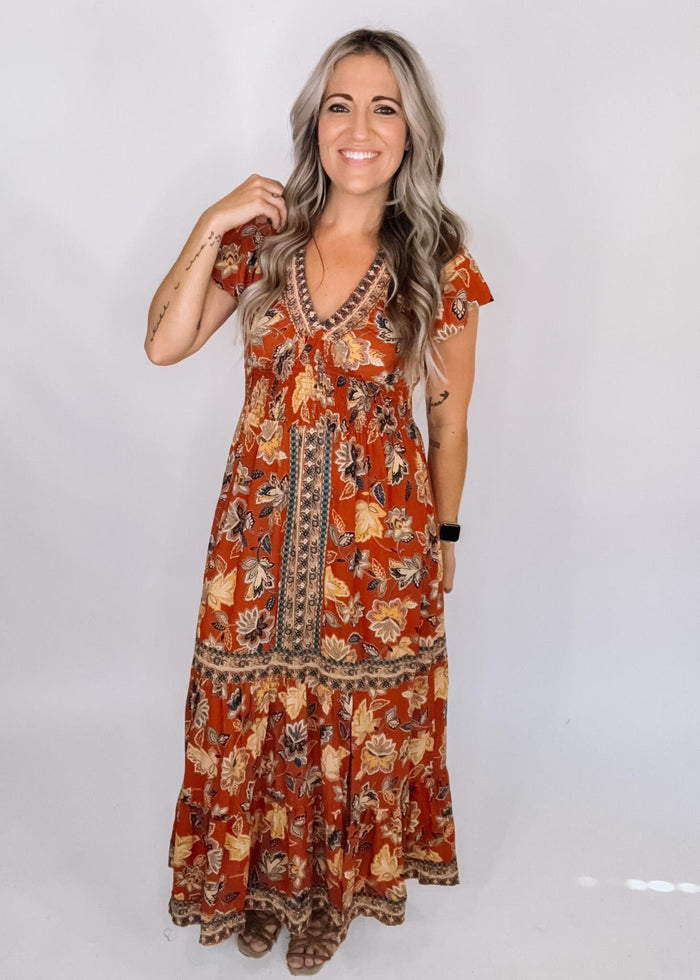 Short Sleeve Fall Printed Maxi Dress