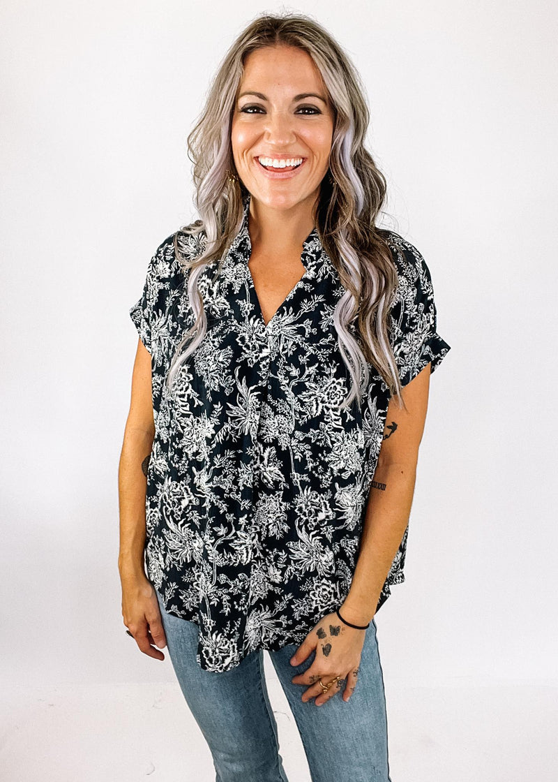 Navy Ivory Floral Dolman Blouse