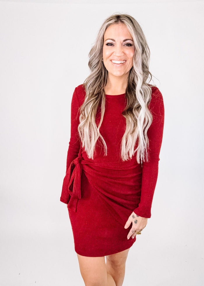 Burgundy Long Sleeve Wrap Tie Dress