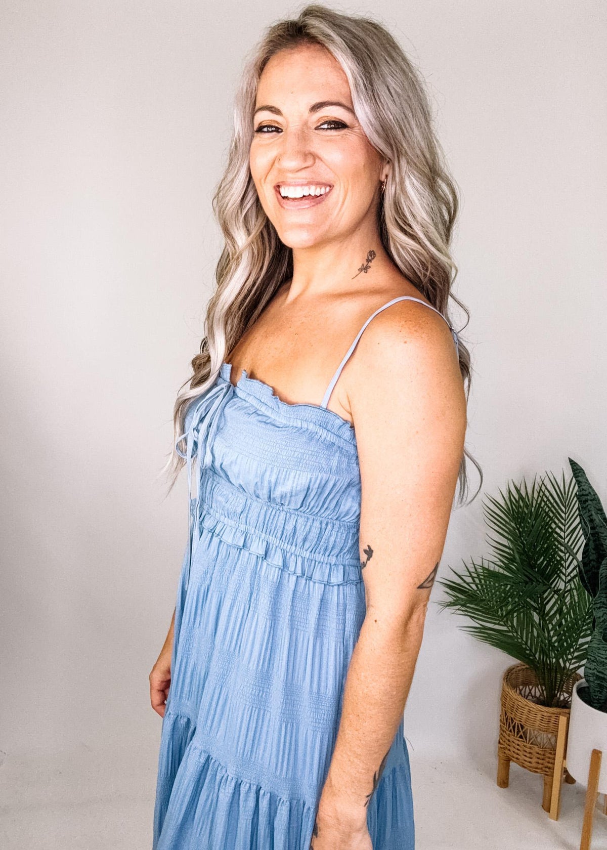 Denim Blue Textured Tiered Maxi Dress