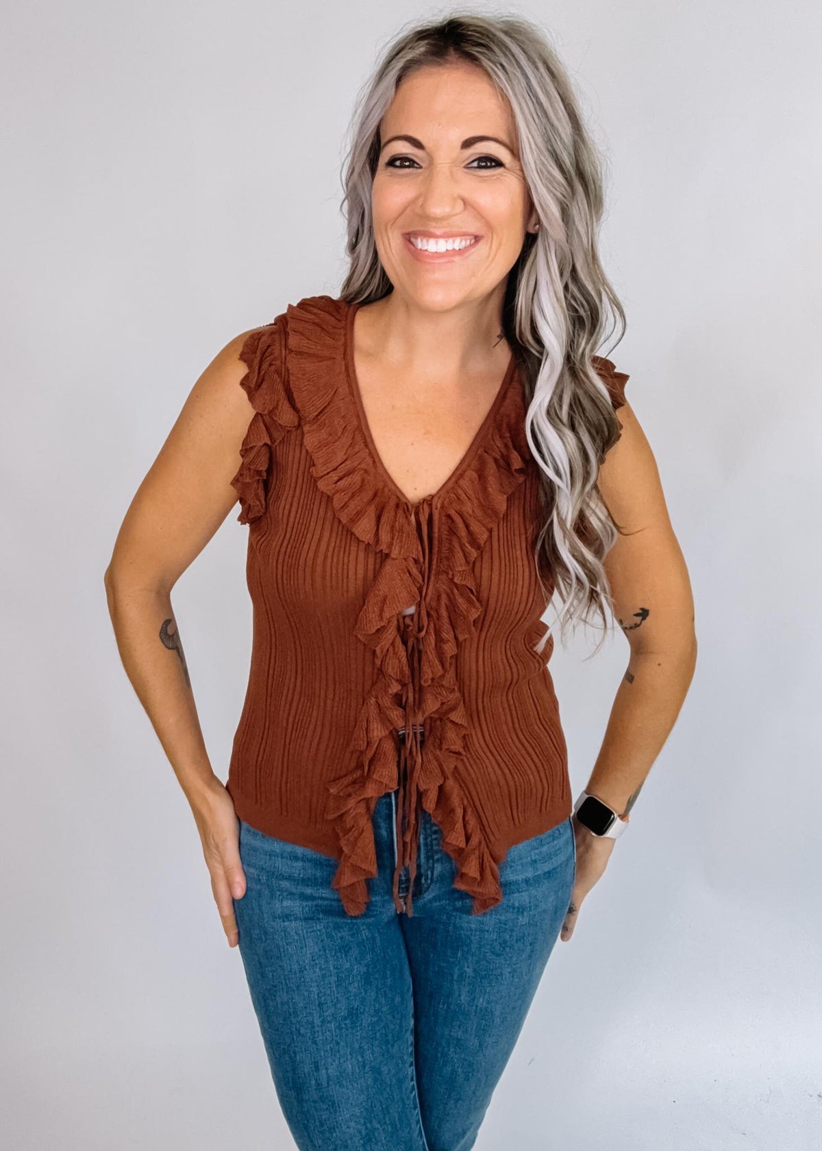 Terra Cotta Ruffle Tie Front Tank