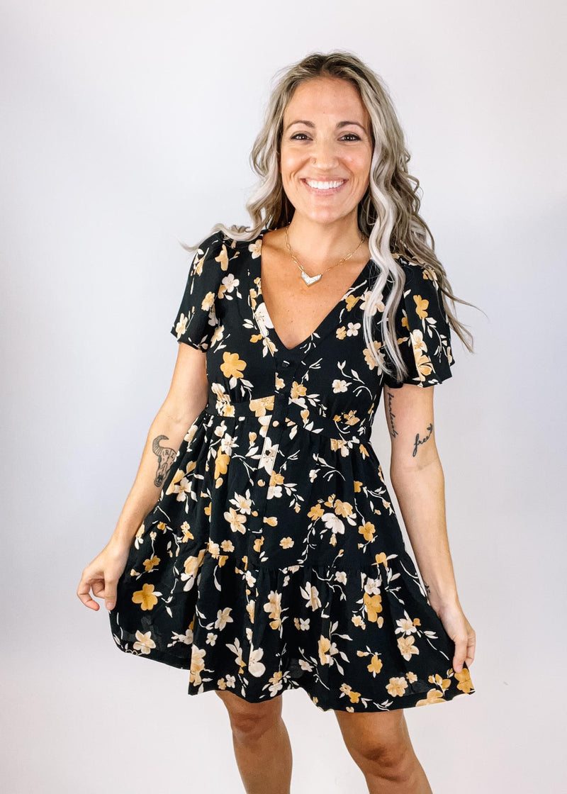 Flirty Black and Amber Floral Dress