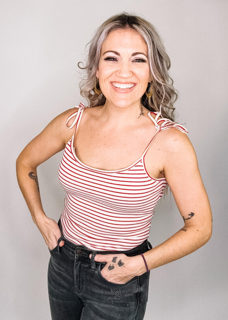 Cream and Red Micro Stripe Bodysuit